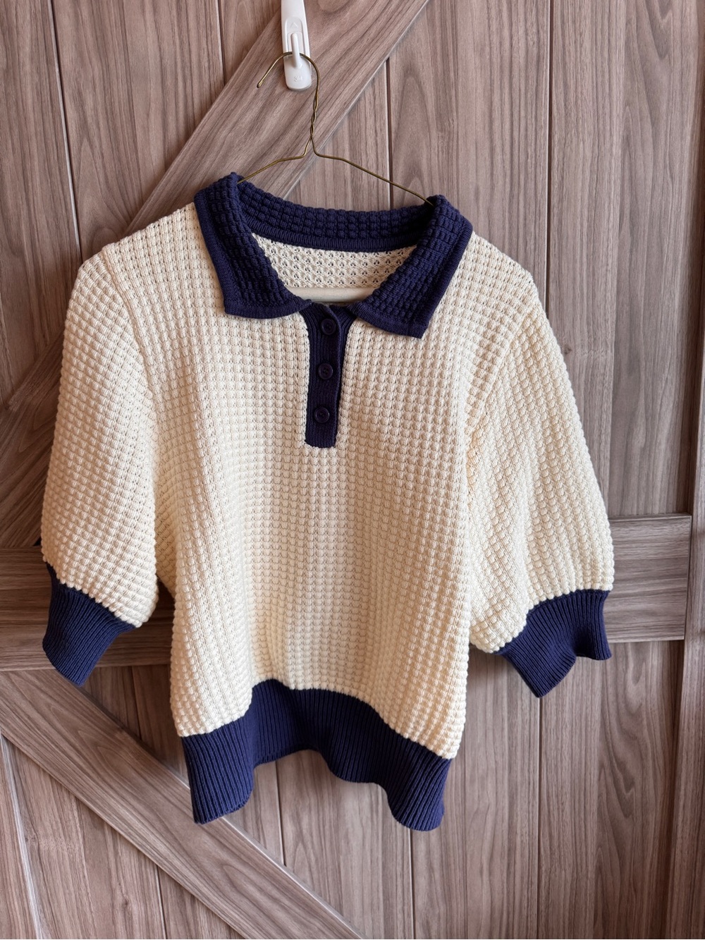 Commense Cream Knit Polo Sweater with Navy Trim - Picture 1 of 5